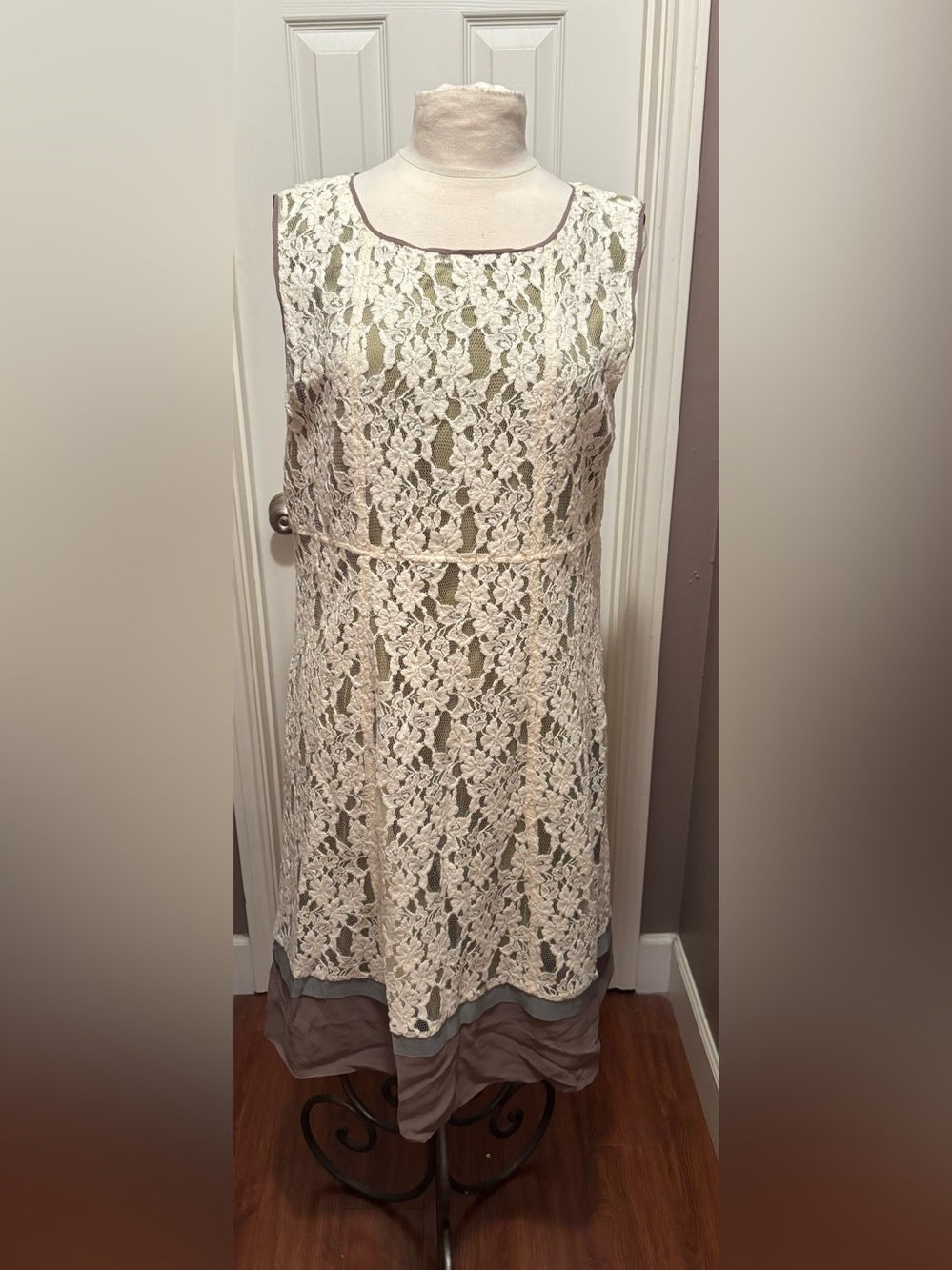 Sleeveless Cream Lace Overlay Dress with Taupe Hem